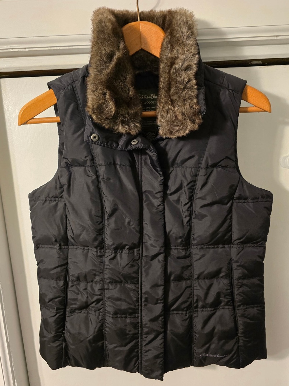 Eddie Bauer Black Quilted Puffer Vest with Faux Fur Collar